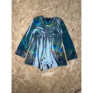 Style & Co Petite Peacock Print Blouse Sz M